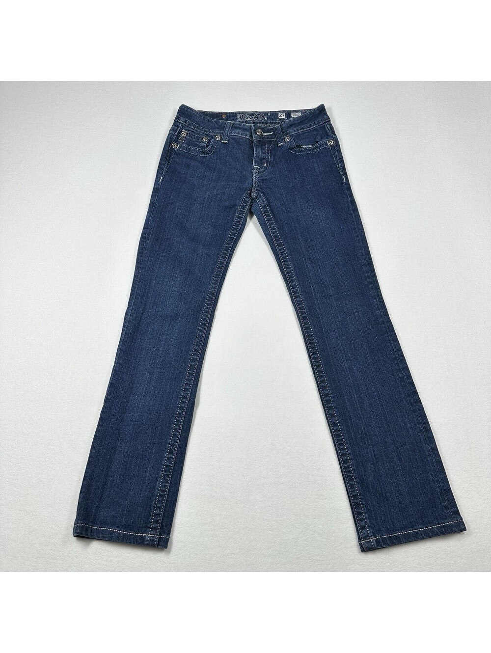 Miss Me Jeans Women 27 Blue Straight Stretch Low-Rise Denim Zip Fly Fleur De Lis